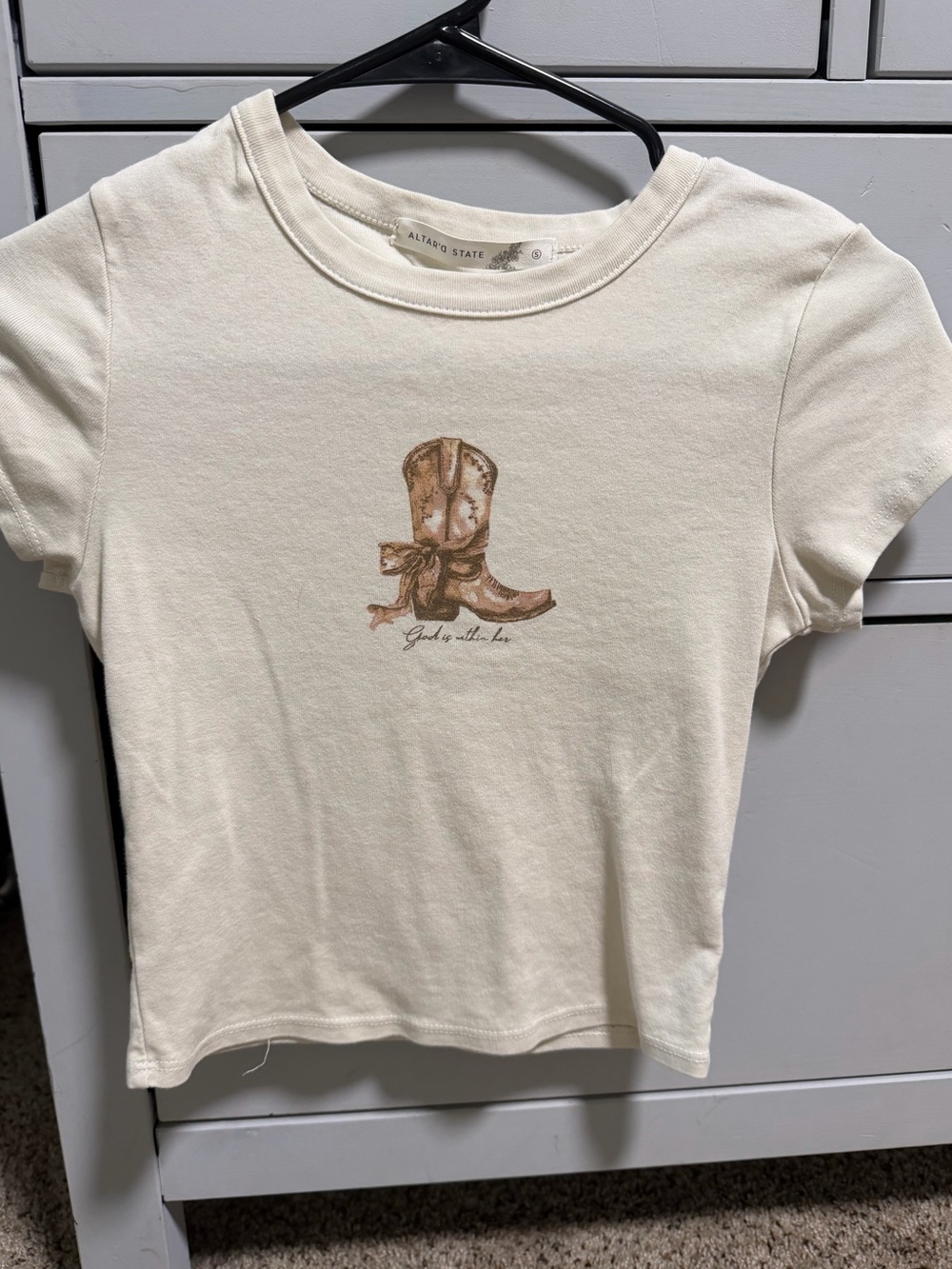 Women’s Altar’d State “God is within her” Cowboy boot tee. Tight fit/cropped